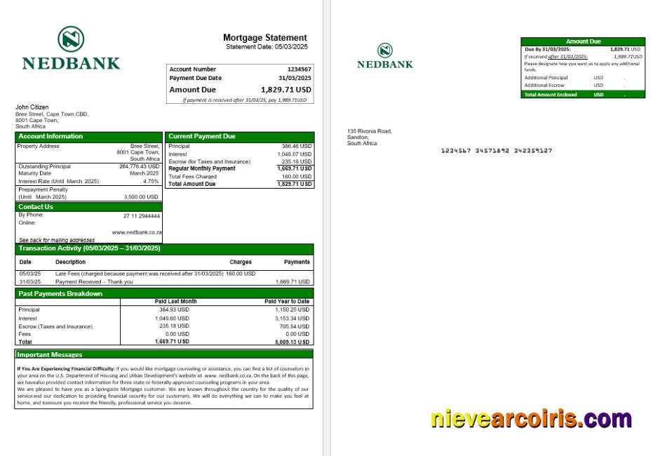 South Africa Nedbank mortgage statement
